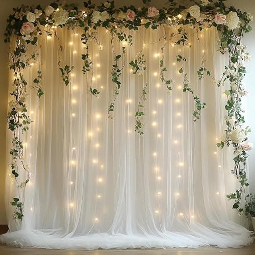Patioman 10x10ft White Tulle Backdrop Curtain with String Lights, Wrinkle-Free Sheer Wedding Backdrop for Birthday Parties, Baby Showers, Bridal Showers, Photo Shoots and Home Decorations, White - Image 1
