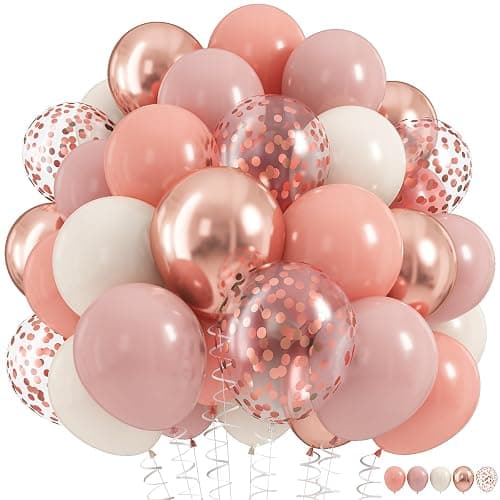 Dusty Pink Balloon Set, 60Pcs 12 Inch Retro Blush Pink White Sand Nude Latex Balloon with Metallic Confetti Rose Pink Helium Balloon for Girls Women Birthday Party Baby Shower Boho Decoration Supplies - Image 1