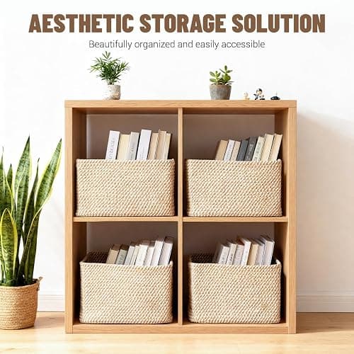 5 Pack Woven Storage Baskets for Shelves, Decorative Basket Organizer Storage Bins for Toys, Books, Clothes, Closet, Nursery, Bathroom – Cotton Rope Shelf Baskets for Organizing and Decor, Khaki thumbnail 4