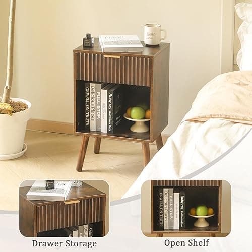 Fultyle Mid Century Modern Nightstand, Wood Bedside Table with Drawer and Opening Storage, End Table Living Room Fluted Night Stand with Solid Wood Legs for Bedroom (Rustic Brown) thumbnail 7