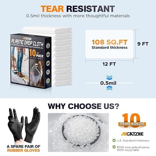 12 x 9 Ft Plastic Drop Cloths (10-Pack) - Disposable Painter's Sheeting & Tarps for Painting, Waterproof Furniture/Couch/Floor Protection thumbnail 5