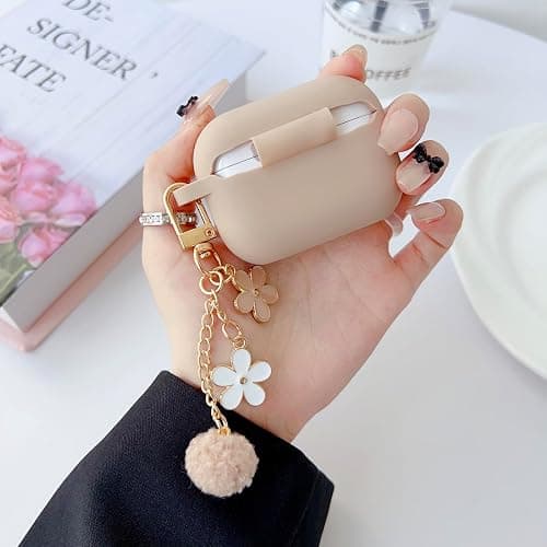 Cute Case for Airpods Pro 2nd/1st Generation Cover for Girl Women with Pom pom Flower Keychain & Cleaner Kit, Soft Silicone Protective Skin for Airpods Pro 2/1 Gen 2019/2023/2022, Milk Tea thumbnail 3