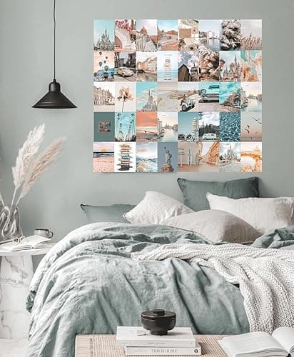Onivein Peach Teal Wall Collage Kit Aesthetic Pictures, 50Pcs 4 x 6 Inch Blue Aesthetic Picture, Summer Beach Collage Print Kit, Trendy Cute Posters Photo Collage Kit for Dorm Bedroom Decor thumbnail 3