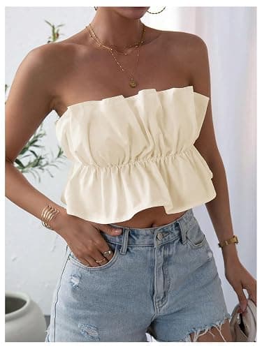 GORGLITTER Women's Strapless Bubble Tube Tops Ruffle Open Back Sleeveless Cute Summer Bandeau Peplum Crop Tops 2025 thumbnail 3