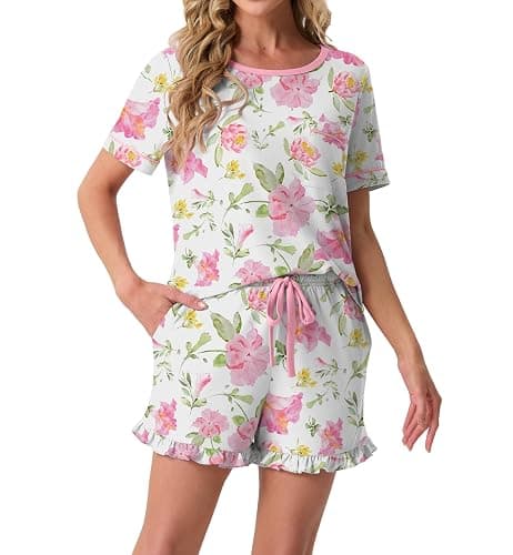 (Size Large) PrinStory Womens Pajama Sets Cute Pjs Short Sleeve Top Ruffle Shorts | Pajama Sets for Women 2 Piece, Lightweight Pj Sets, Soft Lounge Set with Pockets, Women's Sleepwear thumbnail 5