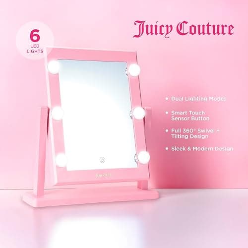Juicy Couture - Jumbo Lighted Mirror, Hollywood Styling, LED Makeup Vanity Mirror with Adjustable Brightness (14", Pink) thumbnail 2