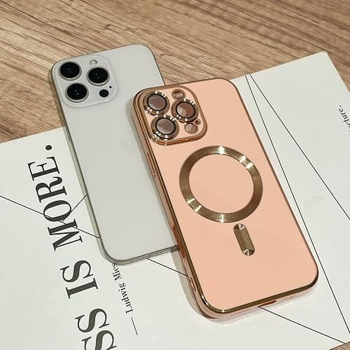 OOK Magnatic Case for iPhone 16 Pro Case [Compatible with MagSafe] Full Camera Lens Protector Gold Electroplate Edge Soft TPU Shockproof Protective Phone Case for Women Girls 6.3 Inch - Pink thumbnail 2