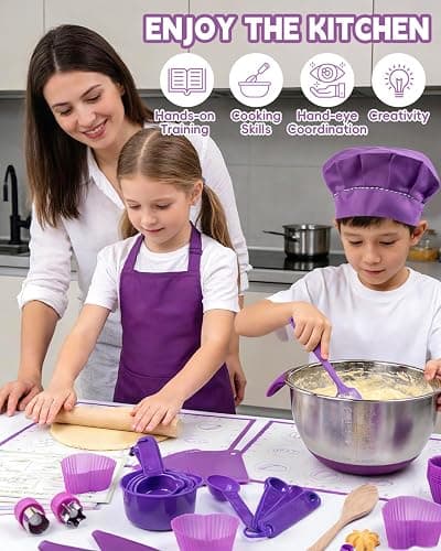 Kids Baking Set–Real Cooking Set for Kids with Kids Cooking Utensils & Kitchen Accessories, Measuring Tools & Baking Supplies,Great Gift for Pretend Play & Montessori Learning (Purple) thumbnail 6