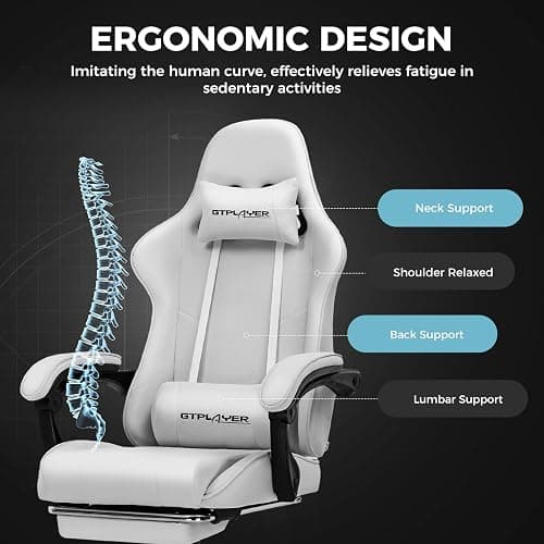 GTPLAYER Gaming Chair with Footrest, Computer Chair with and Lumbar Support, Height Adjustable Game Chair with 360°-Swivel Seat and Headrest and for Office or Gaming (All Light Gray-Fabric) thumbnail 8