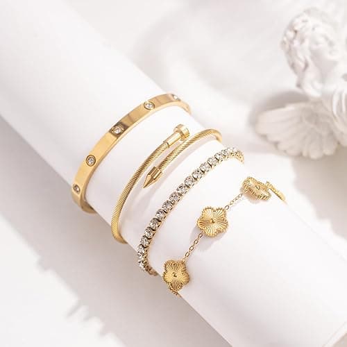 18K Gold Plated Womens Stackable Floral Gold Clover Bracelets Set Love Bangle Bracelets Non Tarnish, Nail Bracelet Set Trendy Jewelry,Gifts for Women's Day and Mother's Day thumbnail 6