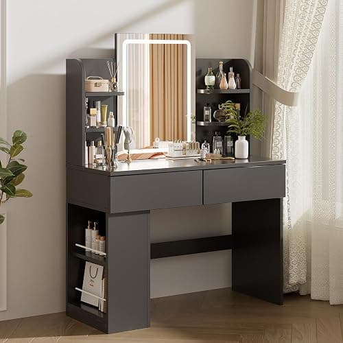 Airfish Dressing Table with LED Light,Vanity Desk with Mirror and Concealed LED Light Strip, MakeUp Desk with Two Drawers and One Sideboard (Black) - Image 1