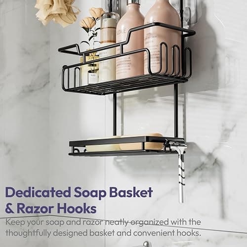 SWTYMIKI Shower Caddy Hanging - Extended Length 3 Tier Rustproof Shower Organizer Hanging, No Drilling Shower Shelves with 16 Hooks & Soap Holder, Anti-Swing Rack, Black thumbnail 6