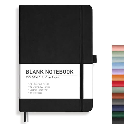 RETTACY Blank Journal Notebook, 192 Pages, A5 Medium Size (5.7'' x 8.3'') | Leather Hardcover, 100 GSM Thick Paper, for Sketching, Drawing, Painting (Black) - Image 1