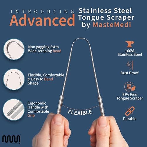 MasterMedi Tongue Scraper for Adults, 100% Stainless Steel Tongue Scrubber for Bad Breath, Easy to Use, Tongue Cleaner for Oral Care & Hygiene (SS Pack of 3) - Image 1