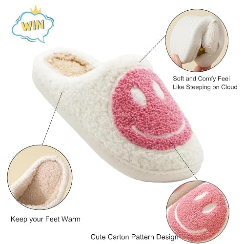 LINWIND Fuzzy Slippers for Women Men, Cute Retro Fluffy Happy Face House Slippers, Plush Memory Foam Slippers for Women Indoor and Outdoor Cozy Trendy Slip-On Shoes thumbnail 4