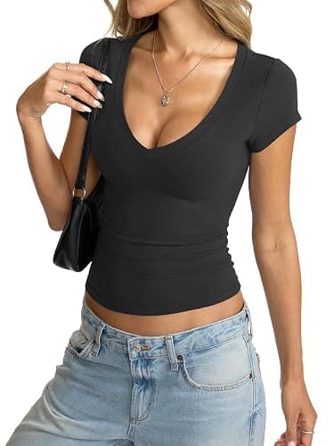 EasyGala Womens Deep V Neck Short Sleeve Shirts Sexy Slim Fitted Crop Tops | Buttery-soft Fabric, Low Cut, Casual Layering, Summer, Cute, Going Out, Dailywear, Date Night, Party, Beach Vacation Clothes thumbnail 5