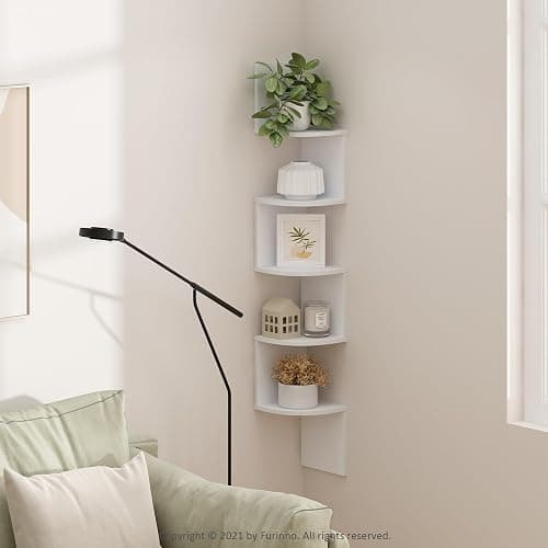 Furinno Rossi 5-Tier Wall Mount Floating Radial Corner Shelf, White thumbnail 2
