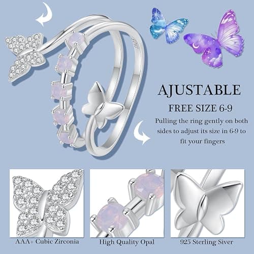 925 Sterling Silver Rings for Women Mermaid Tail/Daisy Bee/Flower/Butterfly Ring Dainty Stackable Rings Ajustable Cute Ring for Girls thumbnail 5