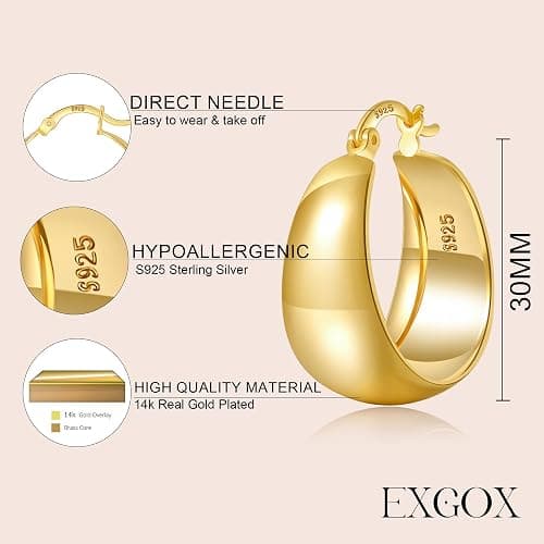 EXGOX Gold Hoop Earrings for Women Sterling Silver Post Hoops Earrings for Women Wide Thick Silver Hoop Earrings Hypoallergenic Lightweight 14k Real Gold Plated Hoop Large Earrings (25/30/40/50MM) thumbnail 2