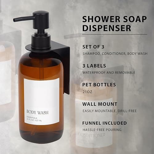 Stylish Shampoo & Conditioner Dispenser Set of 3 - Wall Mount, Drill Free | Modern 21oz Shower Soap Bottles with Labels - Easy Refill Body Wash Dispensers for an Instant Bathroom Decor Upgrade thumbnail 7