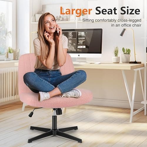 Sweetcrispy Criss Cross Office Chair, Vanity Chair No Wheels | Furry Teddy Fleece, Armless Wide Seat, Height Adjustable Swivel Desk, Task Computer Home Bedroom, Teddy Pink thumbnail 3