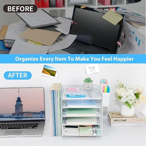 Gugsey 5-Tier Desk File Organizer with Drawer & Pen Holder (White) | Desk Organizers and Accessories, Office Desk Accessories & Workspace Desktop Organizers for Classroom, Home, Office Supplies thumbnail 4