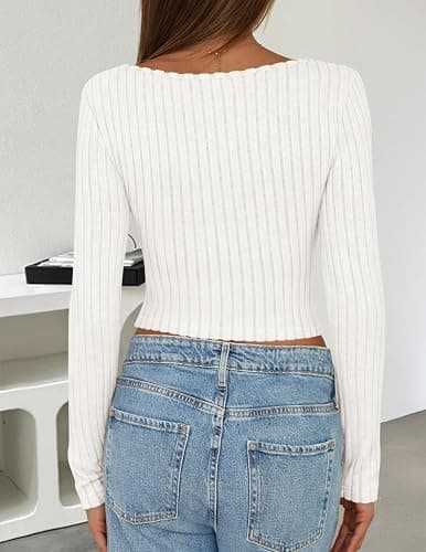 ZESICA Women's Long Sleeve Crop Tops Square Neck Slim Fitted Shirts Casual Basic Tees 2025 Fall Trendy Clothes thumbnail 2