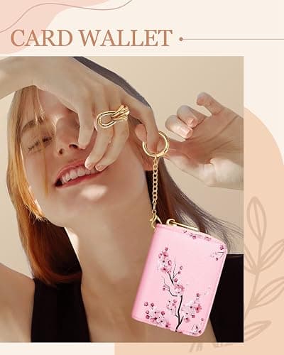 Bistup Credit Card Holder for Women Cute Small for Ladies Teen Girls Female Rfid Leather Cardholder Wallets with Keychain Accordion Organizer Purse Blossom Flowers Girly Aesthetic Print Unique Zipper thumbnail 6