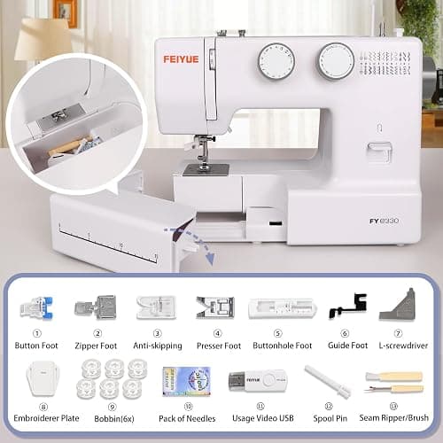 FEIYUE FYe330 Home Sewing Machine with Foot Pedal, Controllable Pedal Speed, 105 Stitch Applications, Powerful Servo Motor, Great for Beginners (White) - FYe330 thumbnail 5