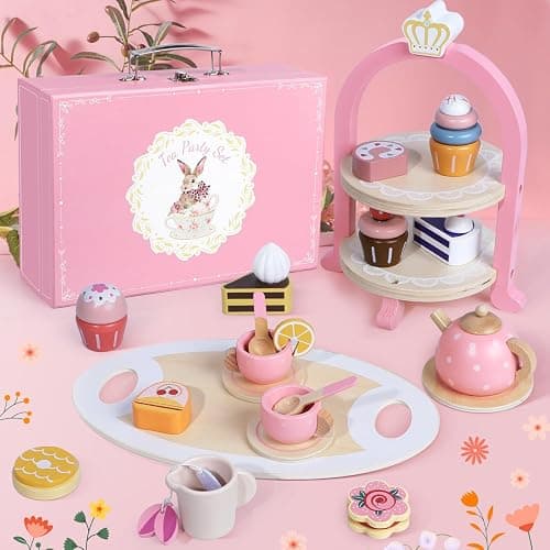 Wooden Tea Party Set for Little Girls, Toddler Girl Gifts Princess Tea Time Toys, Wooden Tea Set Tray Cake Dessert, Kids Kitchen Pretend Play, Birthday for Girls Age 2-5 Years Old thumbnail 7