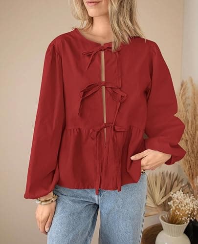 PRETTYGARDEN Women's Spring Fall Babydoll Peplum Blouse Shirt Puff Long Sleeve Bow Tie Front Trendy Cute Y2K Going Out Tops thumbnail 5