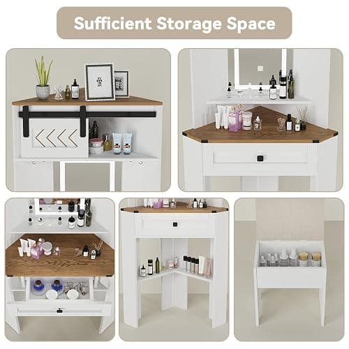 ARTETHYS Small Vanity Desk Set with Lights and Mirror Makeup Vanities with Drawers for Corner Space White Farmhouse Make up Dressing Table with Storage Stool for Bedroom thumbnail 3