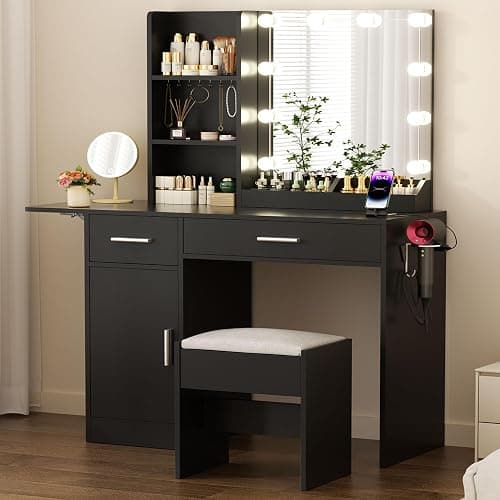 ERLEJIA Vanity Desk with Mirror and Lights, 39.37" 4 Drawers Makeup Desk Without Stool, Extra Foldable Desk with 3 Open Shelves Make Up Table for Girls and Ladies Bedroom, Black thumbnail 8