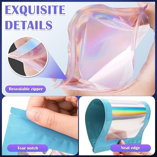 JETMORE 300 Pcs Mylar Bags, Smell Proof Bags Foil Pouch, Holographic Resealable Bags for Small Business, Candy Sample Jewelry Bag Sealable Packaging for Party Favor Food Storage (3x5in-Blue) thumbnail 5