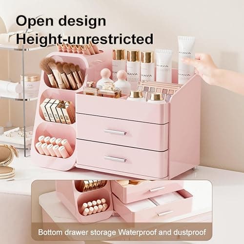KQJS Makeup Organizer with Drawers,Large Capacity Countertop Organizer for Vanity,Bathroom and Bedroom Desk Cosmetics Organizer,Easy To Storage Skincare,Brushes,Lotions,Lipstick (All Pink) thumbnail 5