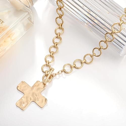 MQV Chunky Statement Gold Hammered Bold Cross Necklace Thick Chain Vintage Chain Pendant Jewelry thumbnail 2
