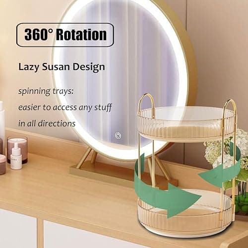 Zufudo Rotating Makeup Organizer Countertop 2 Tier Lazy Susan Trays Clear Skincare Perfume Storage for Bathroom Counter Vanity, Amber Gold thumbnail 3