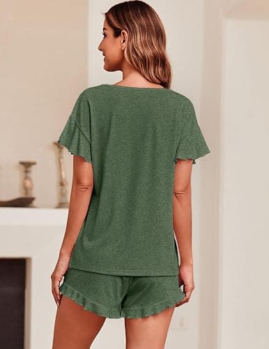 Ekouaer Women's Pajama Set Ruffle Sleeves Top and Short Soft 2 Piece Loungewear Set thumbnail 4