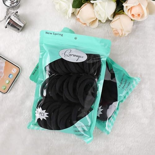 50PCS Black Hair Ties for Women, Cotton S eamless Hair Bands, Elastic Ponytail Holders, No Damage for Thick Hair, 2 Inch in Diameter, by Qarwayoc - Black thumbnail 5