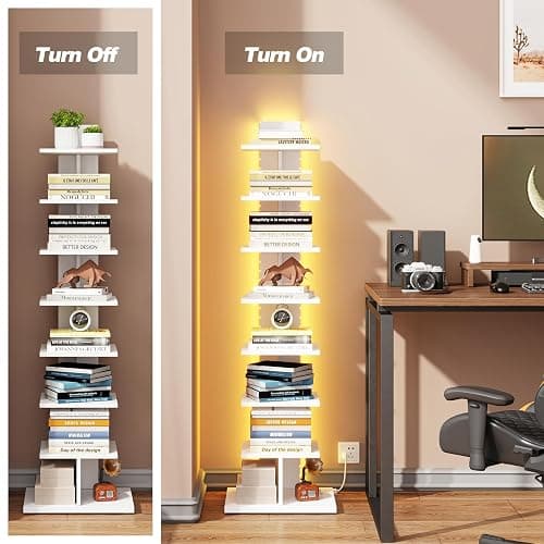 TUTOTAK Narrow Bookshelf, 8-Tier Bookcase with LED Lights, Spine Book Shelf for Small Space, Corner Standing Shelf for Living Room, Office, Study, Entryway, White BS06BW008L thumbnail 4