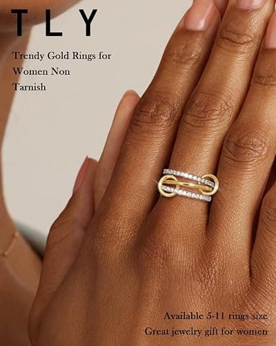 TLY Stackable Gold Rings for Women 18K Gold Plated Interlocking Ring Stack Set Gold Silver Mixed Metal Statement Rings Waterproof Dainty Cubic Zirconia CZ Fashion Connected Band Thumb Ring Size 4-11 Jewelry Gift for Women thumbnail 2