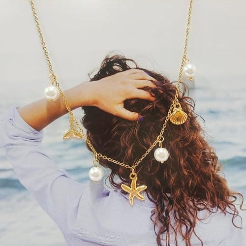 RIXERKOC Collier de Charme en Or pour Femme, Délicat Pendentif Etoile de Mer en Perle, collier joli coquillage en or 14k, collier ras de cou à breloques boho, bijoux d'été plage surfeur thumbnail 4