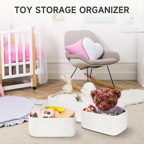 Maxuni 3-Pcs Shelf Baskets for Organizing, Closet Organizer Bins, Small Woven Baskets, Rope Toy Basket, Storage Basket for Shelves, Cube Decorative Box, 11.8×7.8×5.1”, White thumbnail 6