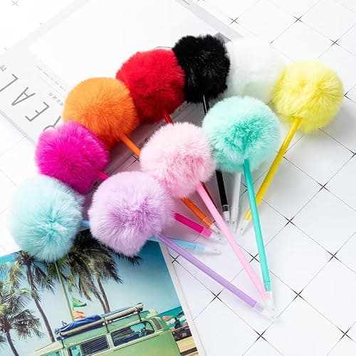 Needle Gel Ink Pens 5 PCS Pink Pom Pom Pen Fluffy Pompoms Plastic Rollerball Pen Signature Ball Point Pens Cartoon Ball Pen for Kids Children Students Women thumbnail 3