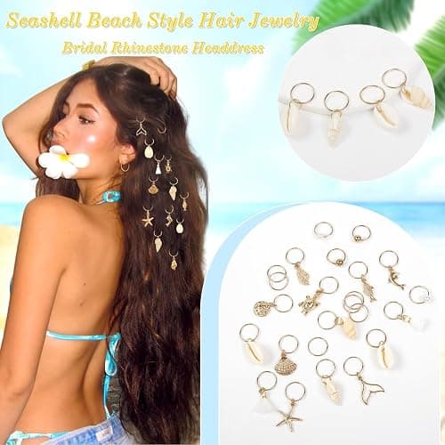 TEBIEKOY 24 PCS Hair Accessories for Women Seashell Loc Hair Jewelry for Braids Conch Dreadlock Clips Starfish Braids Rings Shell Pearl Hair Cuffs Summer Beach Decoration,Gold A thumbnail 5