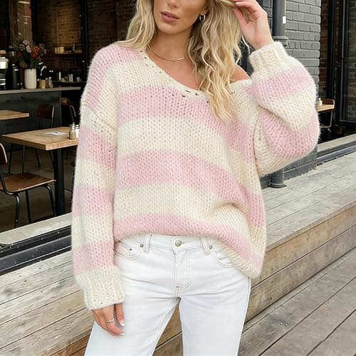 Women Y2K Striped Oversized Sweater Crewneck Long Sleeve Vintage Aesthetic Knit Pullover Tops Teens Cute Preppy Sweater thumbnail 3