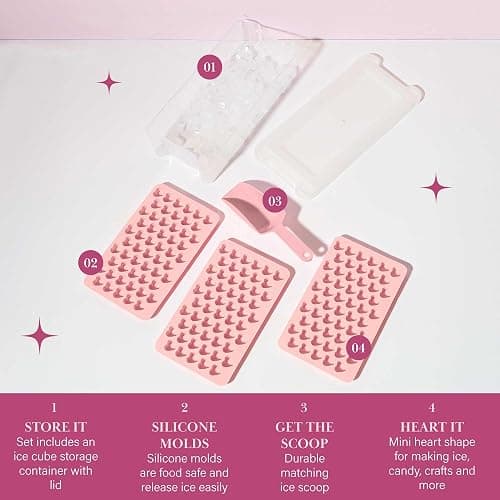 Paris Hilton Heart Shaped Mini Ice Cube Tray Set, Includes 3 Mini Ice Cube Molds, Ice Bin Storage Container with Lid and Ice Scoop, Made without BPA, 6-Piece Set, Pink thumbnail 4