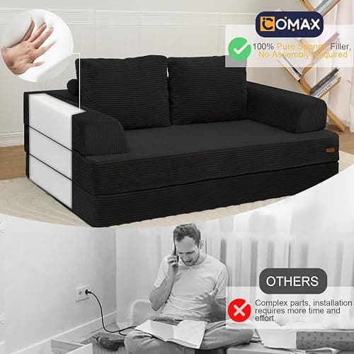 COMAX Convertible Sofa Bed, Folding Floor Couch Corduroy Fold Out Couch Bed Futon Sleeper Mattress with Pillows, Boneless Sofa Comfy Lounge Loveseat for Living Room Bedroom, Black thumbnail 7