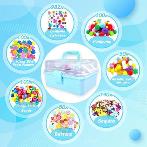 3000 Arts and Crafts Supplies for Kids Craft Kit All in 3 Layered Craft Box with Pipe Cleaners Crafts for Kids Age 4-6, 6-8, 8-12 DIY School Supplies Materials Set Toys Gifts for Girls Boys, Blue thumbnail 2