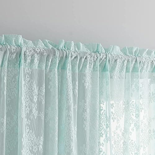 YJ YANJUN Vintage Lace Curtains 84 Inches Long-Victorian Floral Pattern Aqua Sheer Curtain Panels for Living Room Bedroom,Light Filtering, Memaid Beachy Drapes 2 Panels 52W x 84L Mint Green thumbnail 5